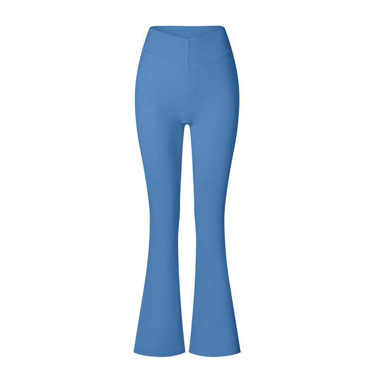 Sky blue flared leggings with high-rise waistband and V-shaped panel, shown on white background
