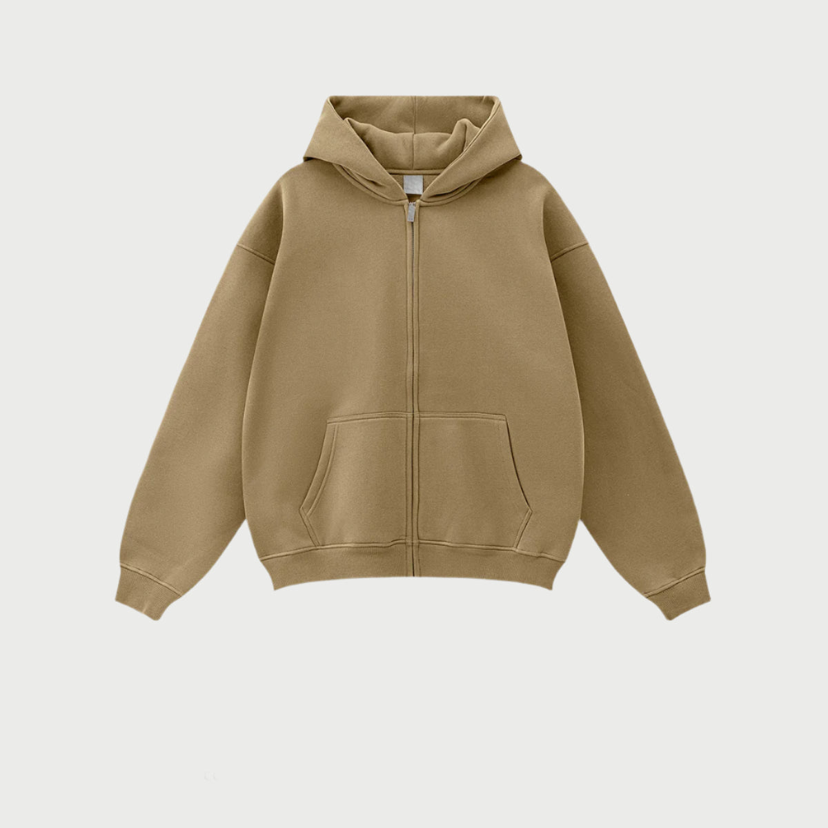 Khaki oversized zip-up hoodie with front kangaroo pocket and ribbed cuffs displayed on light gray background