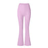 Lilac flared yoga pants with high-rise fit and V-shaped waistband detail, displayed on white surface