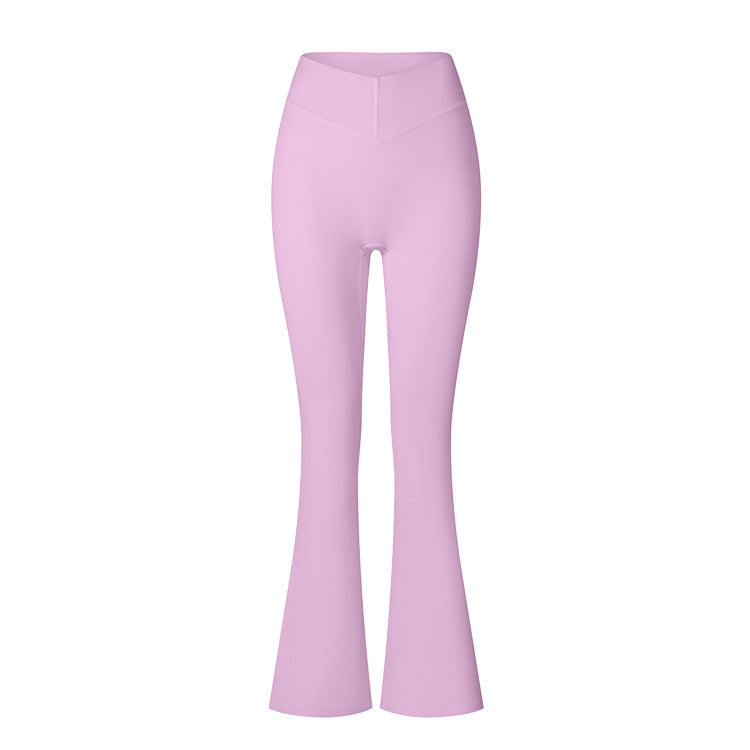 Lilac flared yoga pants with high-rise fit and V-shaped waistband detail, displayed on white surface