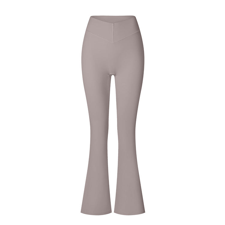 Light gray high-waisted flared leggings with V-shaped panel design, shown against white background