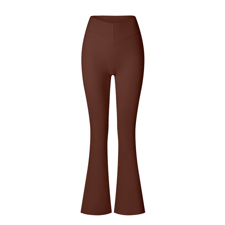 Brown high-rise flared leggings with V-shaped waistband detail, displayed on white backdrop