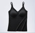 Black seamless camisole with built-in bra, offering smooth support and adjustable straps.