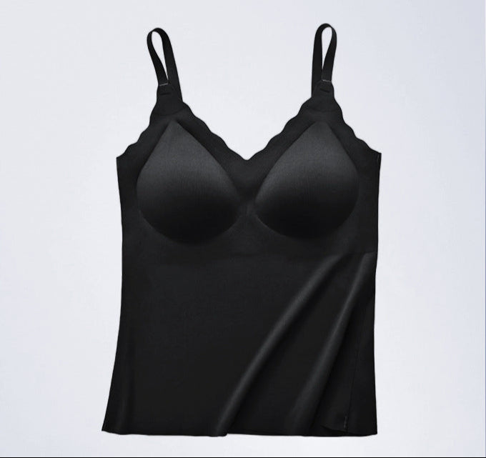 Black seamless camisole with built-in bra, offering smooth support and adjustable straps.