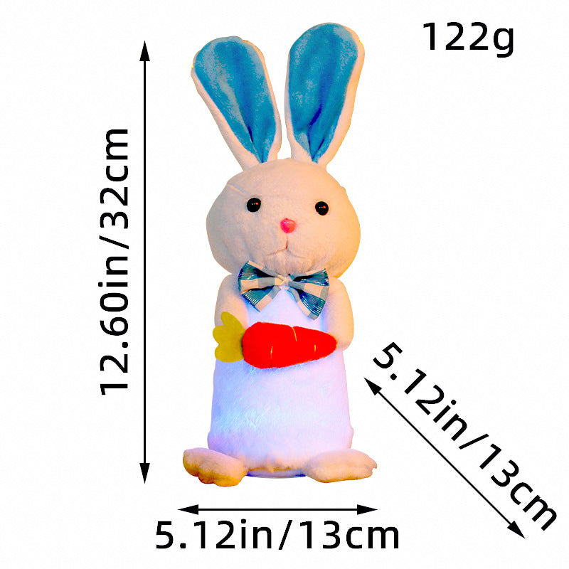 Easter bunny plush toy with blue ears, wearing a bowtie and holding a carrot, showing dimensions of 32 cm in height and 13 cm in width, weighing 122g.