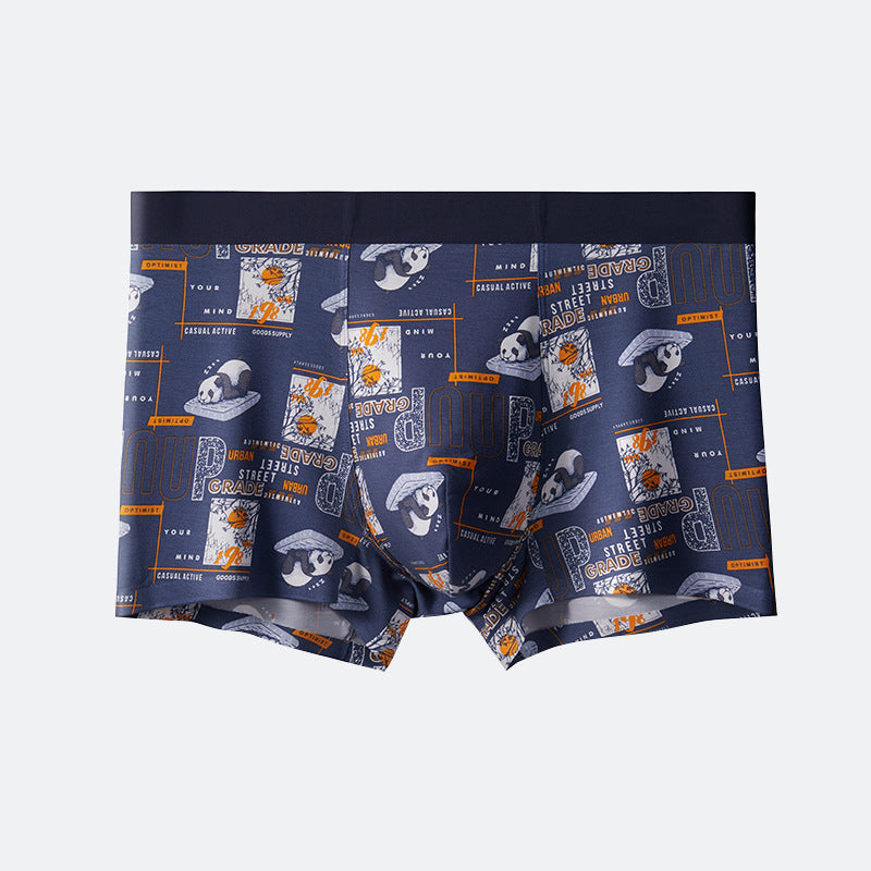 Navy blue men's boxer briefs with street-style panda graphics and urban text pattern design