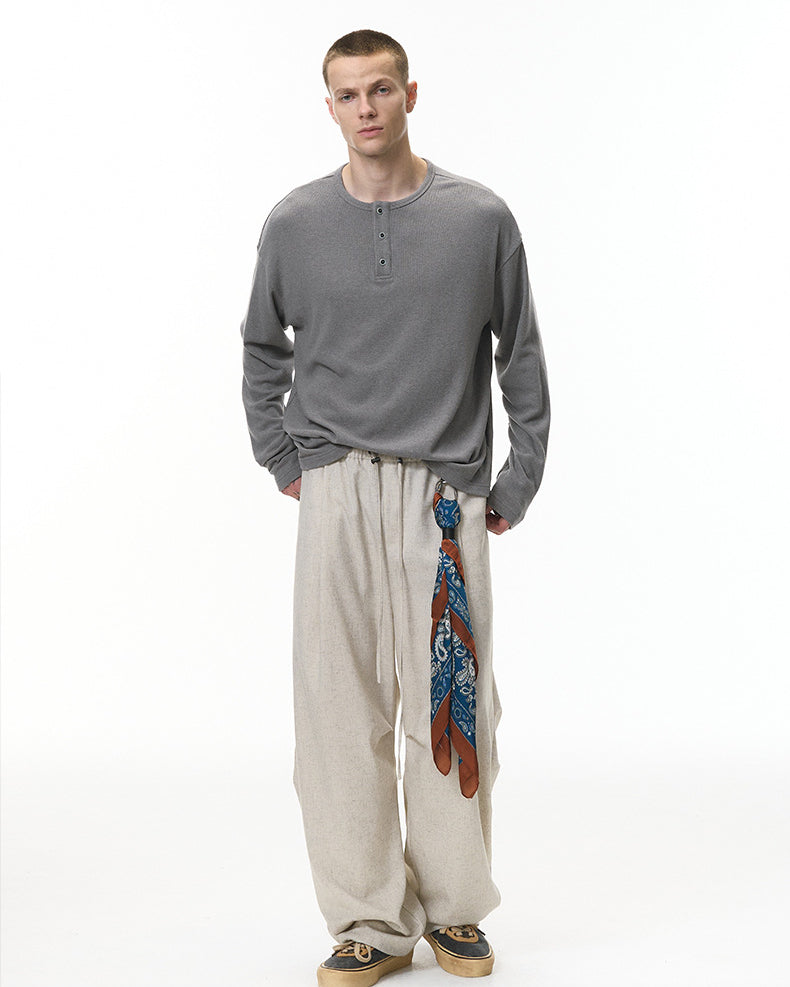 Gray men’s henley long sleeve t-shirt oversized casual streetwear outfit