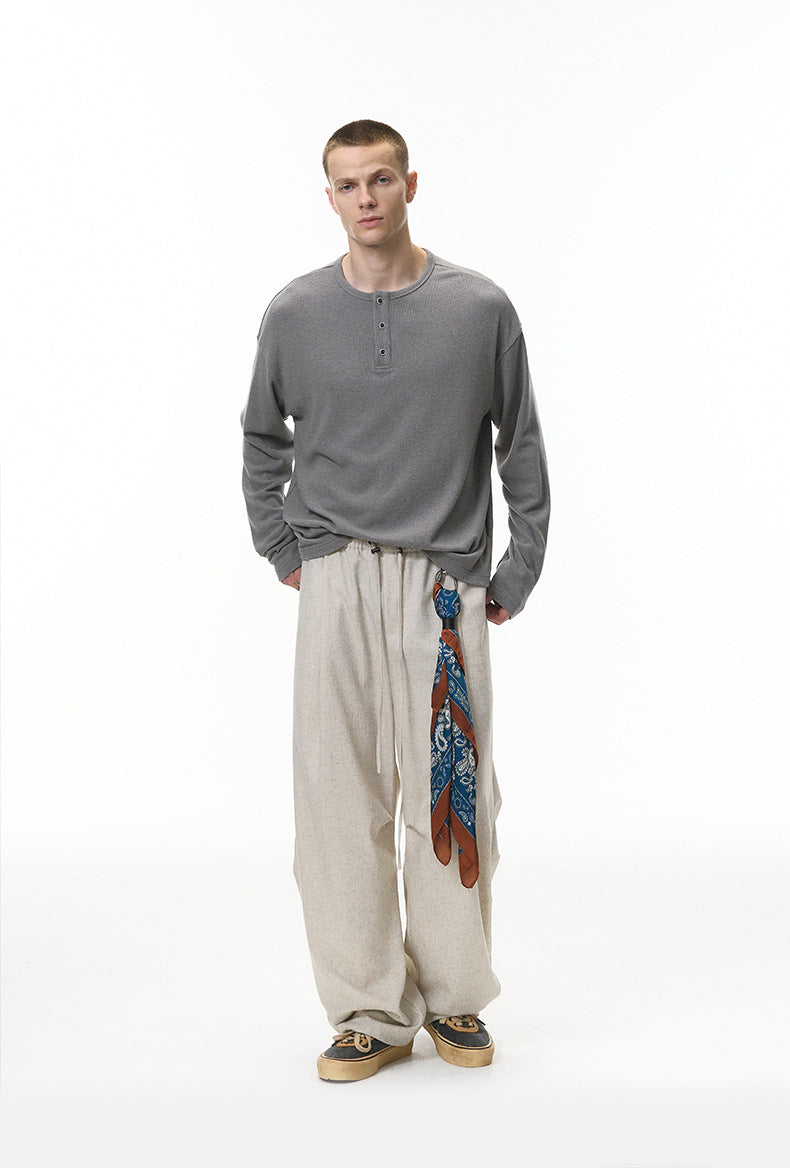 Gray men’s henley long sleeve t-shirt oversized casual streetwear outfit
