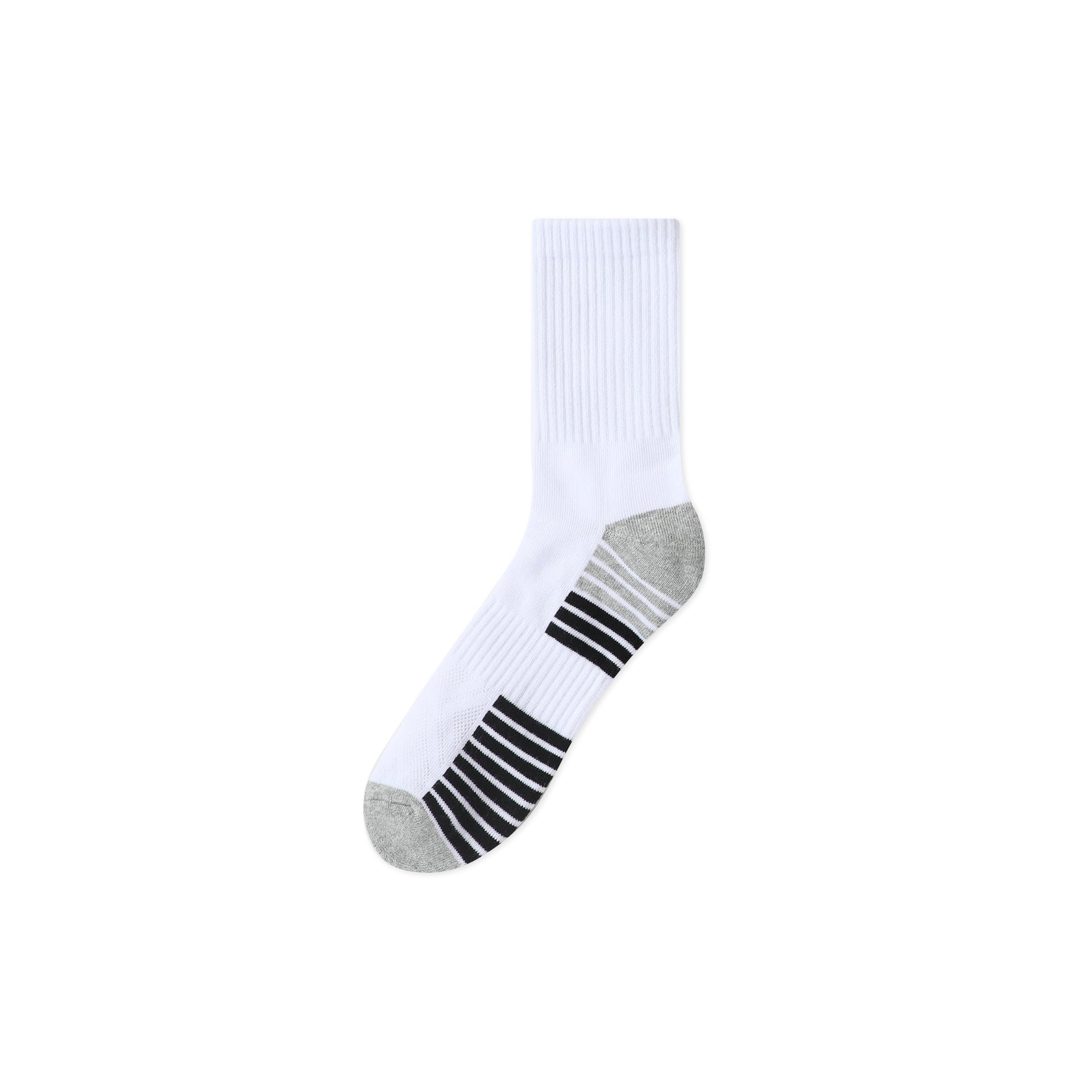 White athletic sock with black and gray striped cushioning, featuring moisture-wicking fabric design