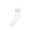 Cream colored crew sock with brown double stripes, soft textured finish