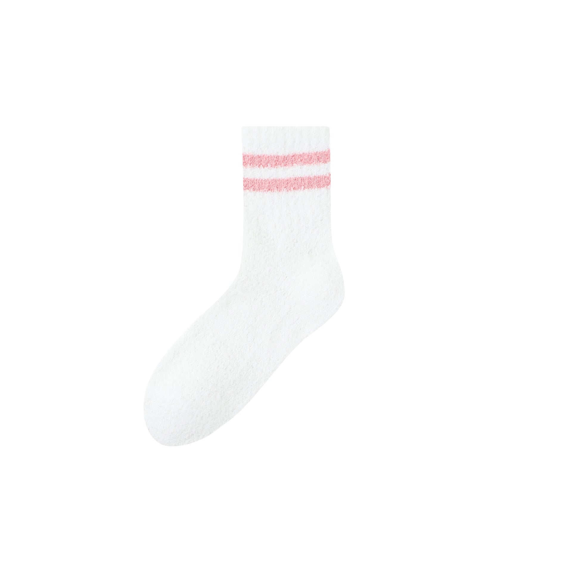 Cream colored crew sock with brown double stripes, soft textured finish