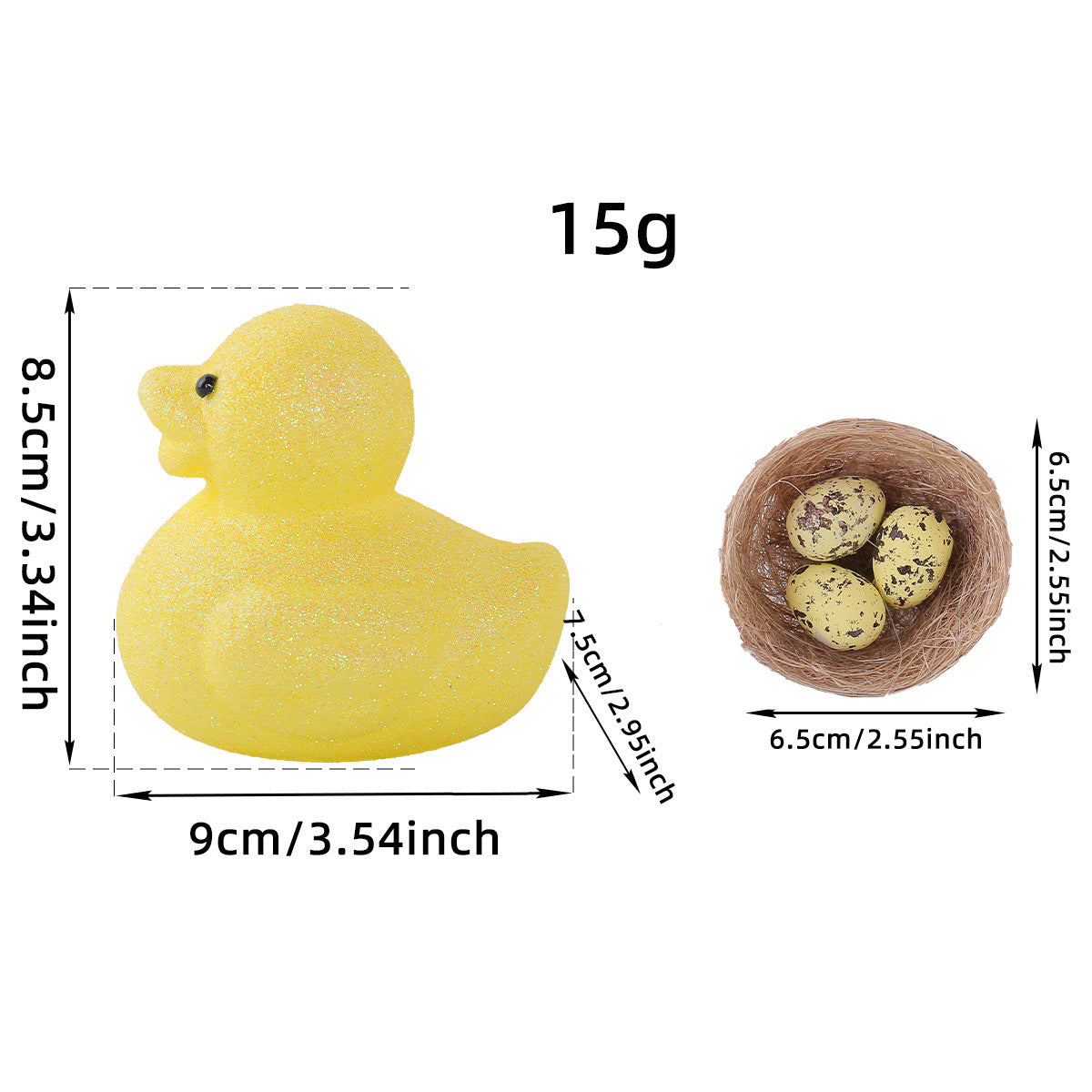 Yellow glittery chick figurine next to a decorative nest with speckled eggs, displayed with product dimensions.