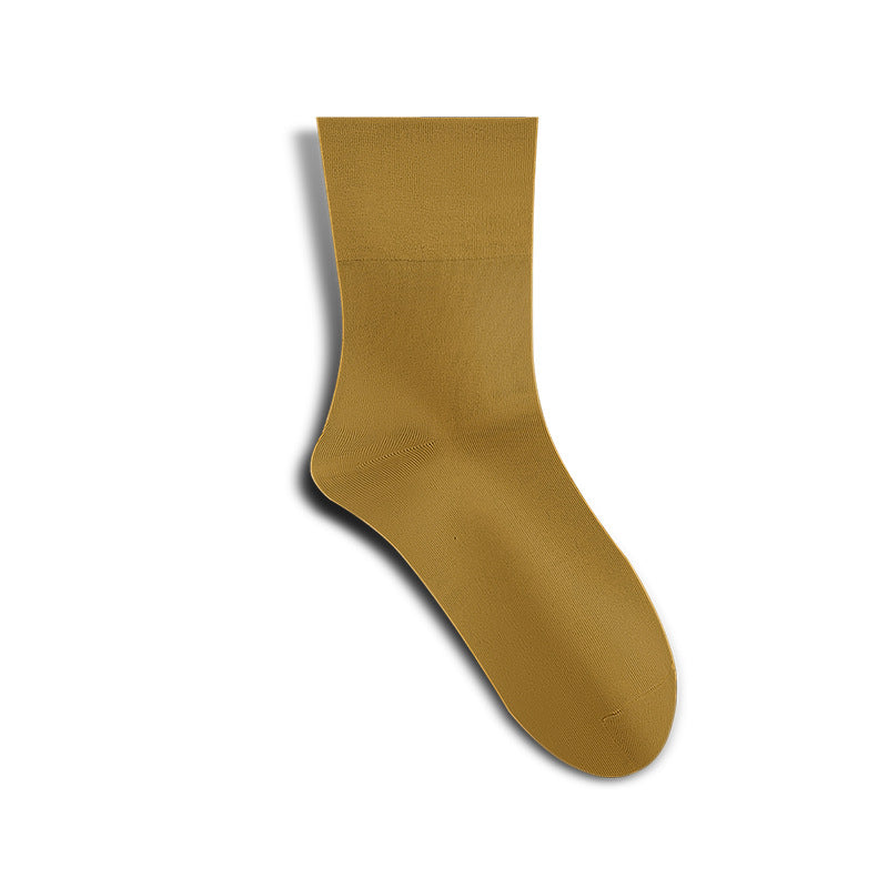 A single camel colored crew sock displayed against white background, showing smooth seamless construction and mid-calf length