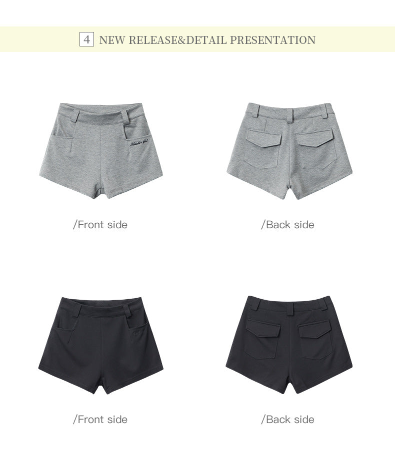 Front and back views of shorts in gray and black colors showing pocket placement