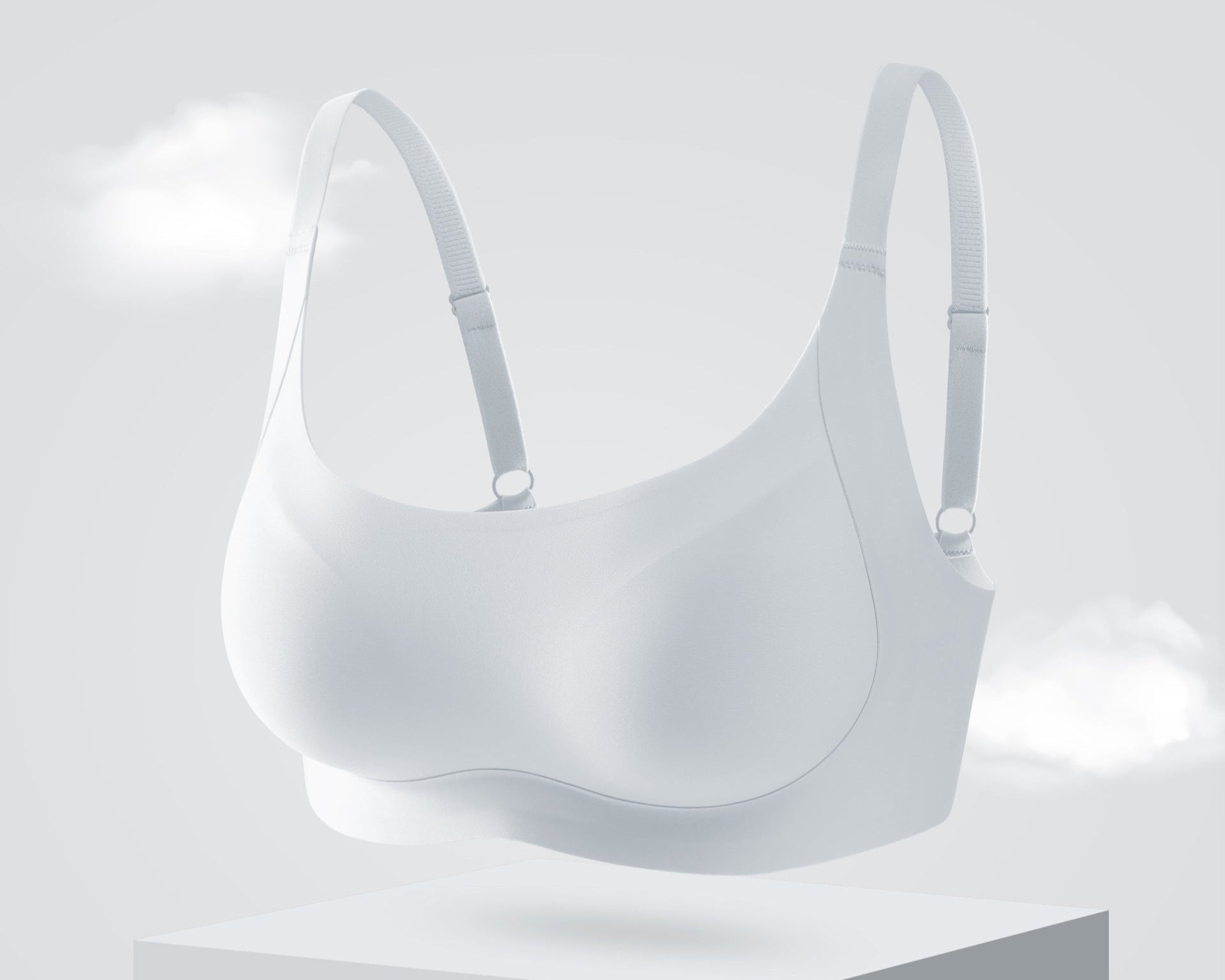 Minimalist baby blue seamless bra with adjustable straps and soft, flexible fabric, designed for all-day comfort.