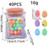 Transparent jar-shaped bag filled with pastel speckled eggs. Dimensions: 19cm/7.48in height, 13cm/5.11in width, 4cm/1.57in depth. Eggs: 2.5cm/0.98in x 1.5cm/0.59in.