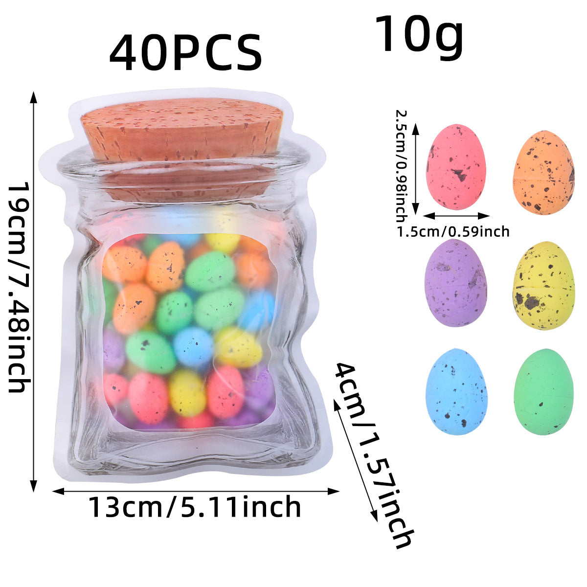 Transparent jar-shaped bag filled with pastel speckled eggs. Dimensions: 19cm/7.48in height, 13cm/5.11in width, 4cm/1.57in depth. Eggs: 2.5cm/0.98in x 1.5cm/0.59in.