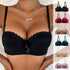 A woman wearing a black push-up bra with lace trim alongside product color options displayed on right side against white background