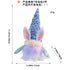 Blue LED bunny gnome plush toy with glittering sequin hat and glowing beard, shown with size details.