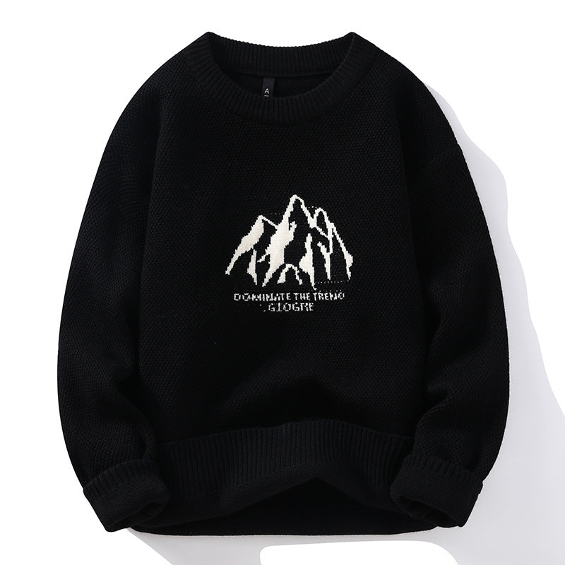 Black knit sweater with white mountain logo graphic
