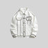 White SANHOMME outline denim jacket laid flat, showing black contrast stitching, button front closure and chest pockets
