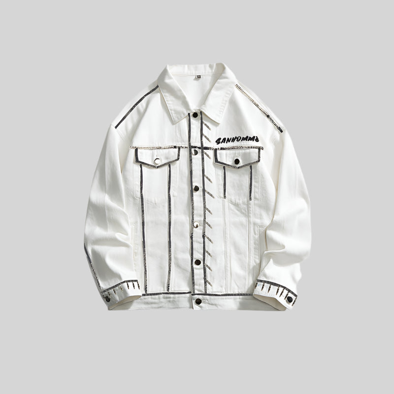 White SANHOMME outline denim jacket laid flat, showing black contrast stitching, button front closure and chest pockets