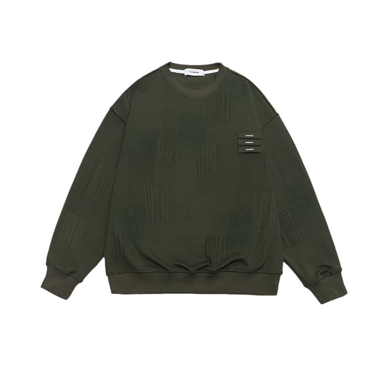Olive green textured sweatshirt with three decorative tabs displayed on white background