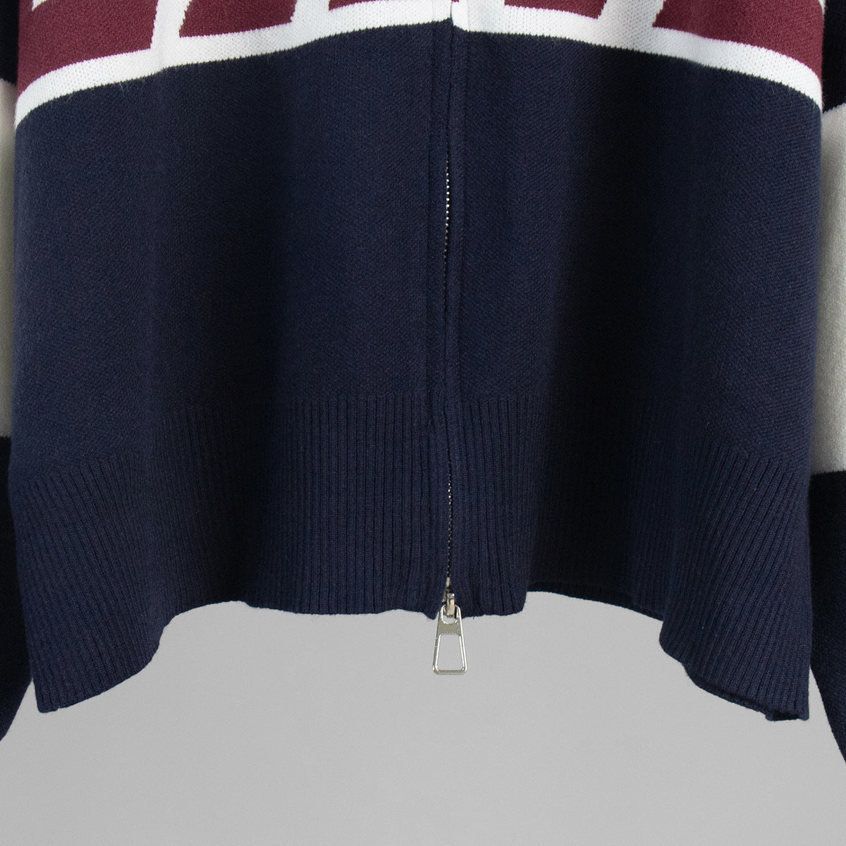 Retro Jacquard Letter Zip Up Sweater – Sporty Colorblock Knit Cardigan