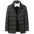 Slightly open view of black quilted down blazer showing tailored lapels and front pockets