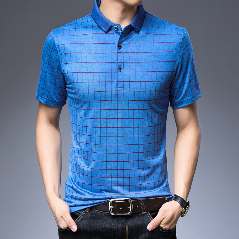 Men's Mulberry Silk Blend Summer Polo | Grid-Tech Pattern