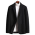A black wool blazer displayed with a white turtleneck underneath