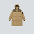 Product shot of beige/olive technical parka with hood up showing two-tone design and utility pockets against light gray background