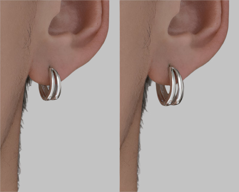Side-by-side comparison of small and large double-band earrings on model