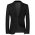 Black wool blazer with notched lapels and two-button closure displayed against white background
