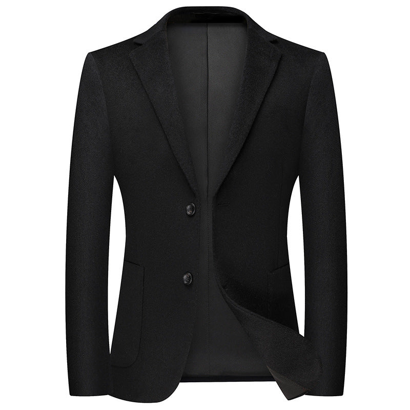 Black wool blazer with notched lapels and two-button closure displayed against white background