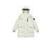 Front view product shot of cream Be_Born Beacaac parka with hood, multiple pockets and black sleeve patch against white background