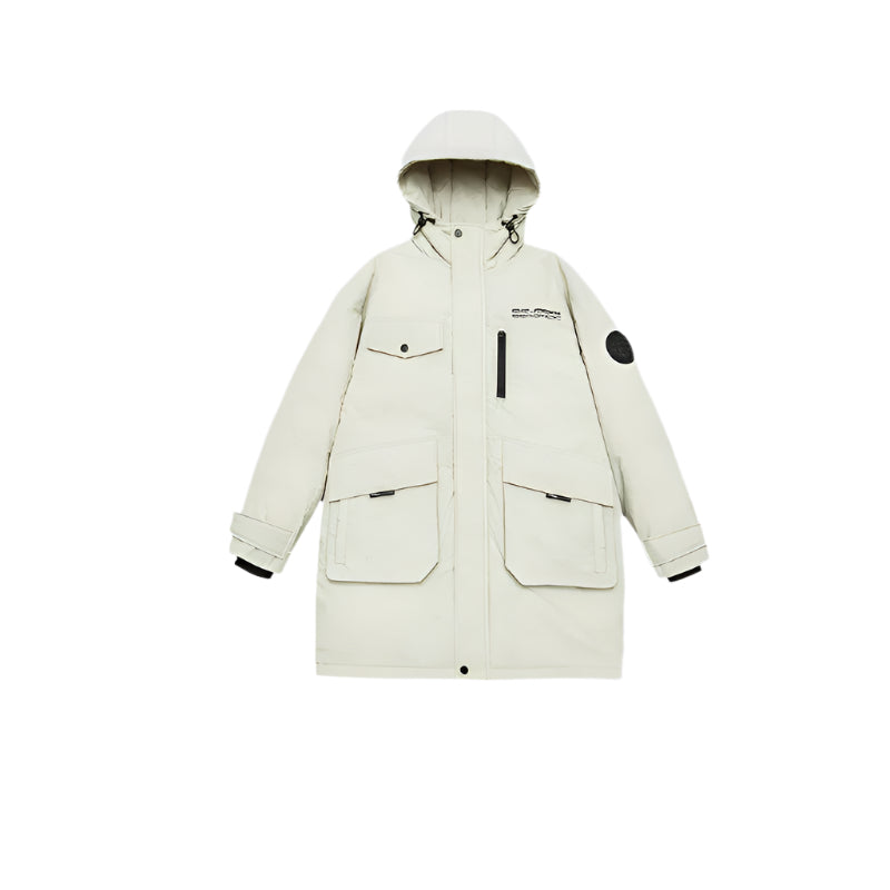 Front view product shot of cream Be_Born Beacaac parka with hood, multiple pockets and black sleeve patch against white background