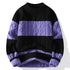 Cable-knit sweater with black and purple horizontal stripes