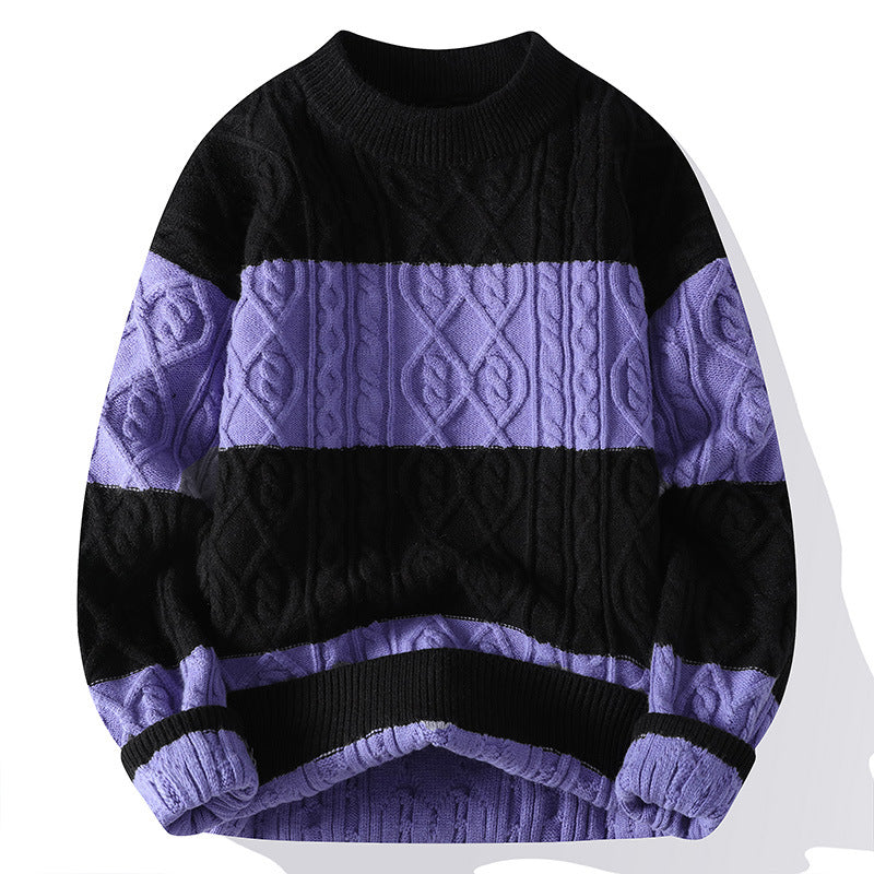 Cable-knit sweater with black and purple horizontal stripes