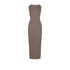 Brown ribbed sleeveless bodycon maxi dress featuring a high neckline, displayed on a neutral textured background.