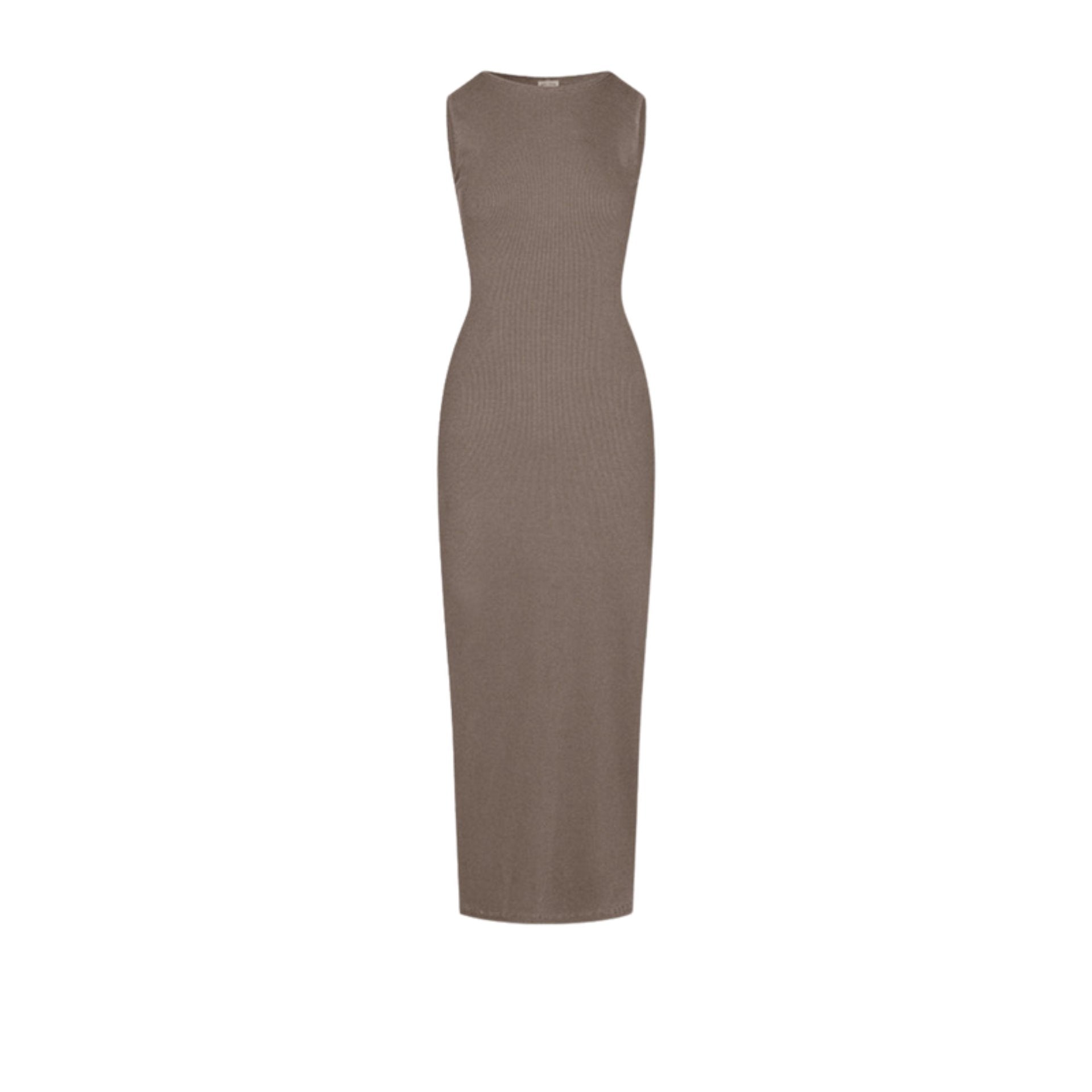Brown ribbed sleeveless bodycon maxi dress featuring a high neckline, displayed on a neutral textured background.