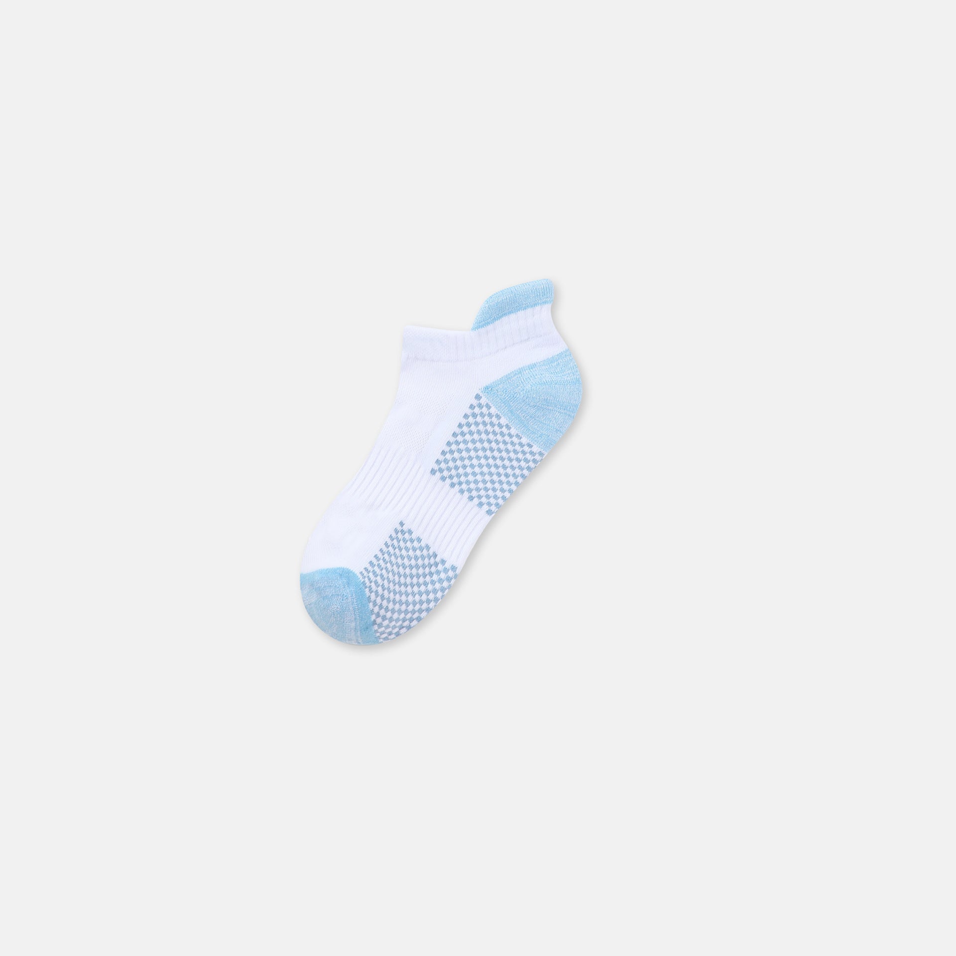 White athletic ankle sock with light blue heel, toe and checkered support areas, displayed flat against white background