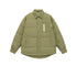 Olive green ASTROSMASH quilted puffer overshirt with collar, chest pocket with white logo text and snap button closure