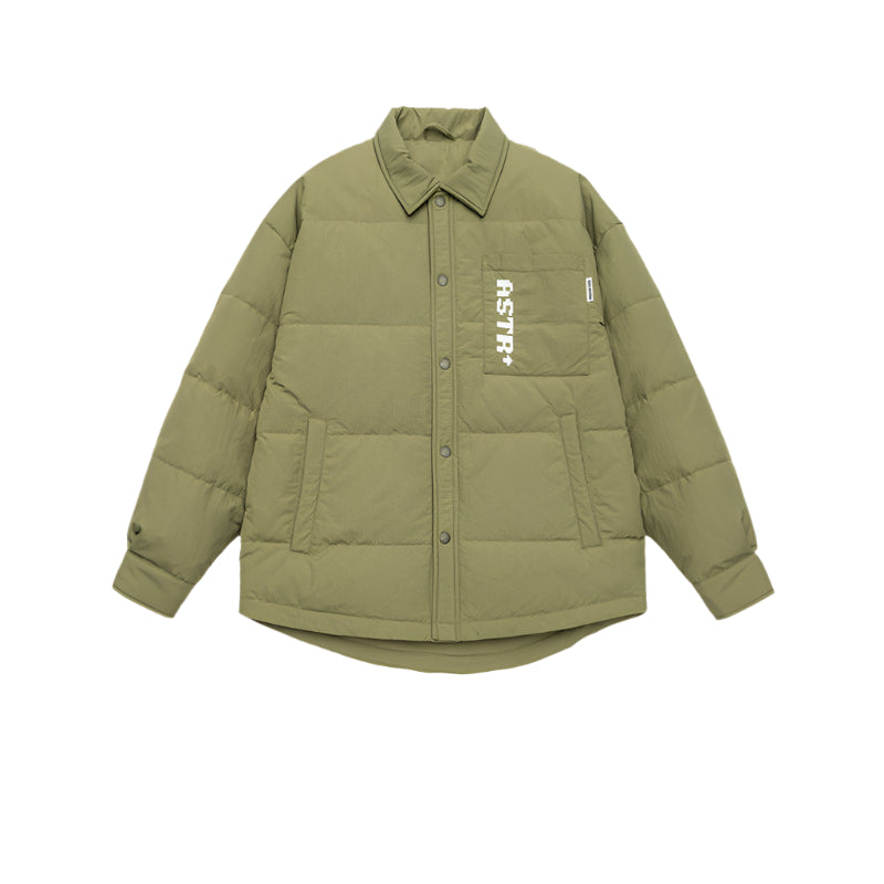 Olive green ASTROSMASH quilted puffer overshirt with collar, chest pocket with white logo text and snap button closure
