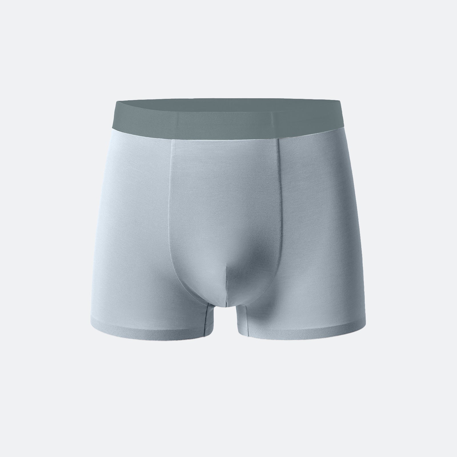 Light gray men's boxer briefs with gray waistband, featuring cooling fabric technology and seamless construction