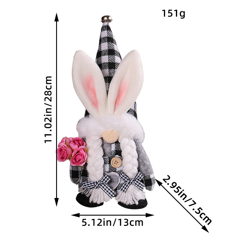 Easter bunny gnome plush with braids, plaid hat, and pink roses, with dimensions of 28cm height, 13cm width, and 7.5cm depth.