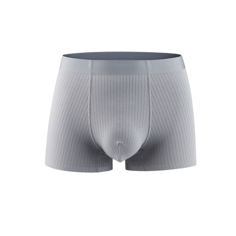 Light gray ribbed boxer briefs with silver waistband against white background. Pinstriped texture with contoured pouch design
