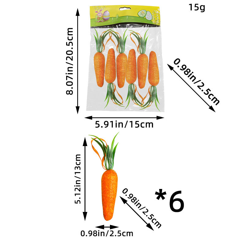  A package of six small artificial carrots with hanging loops, displayed with measurements for accurate sizing.