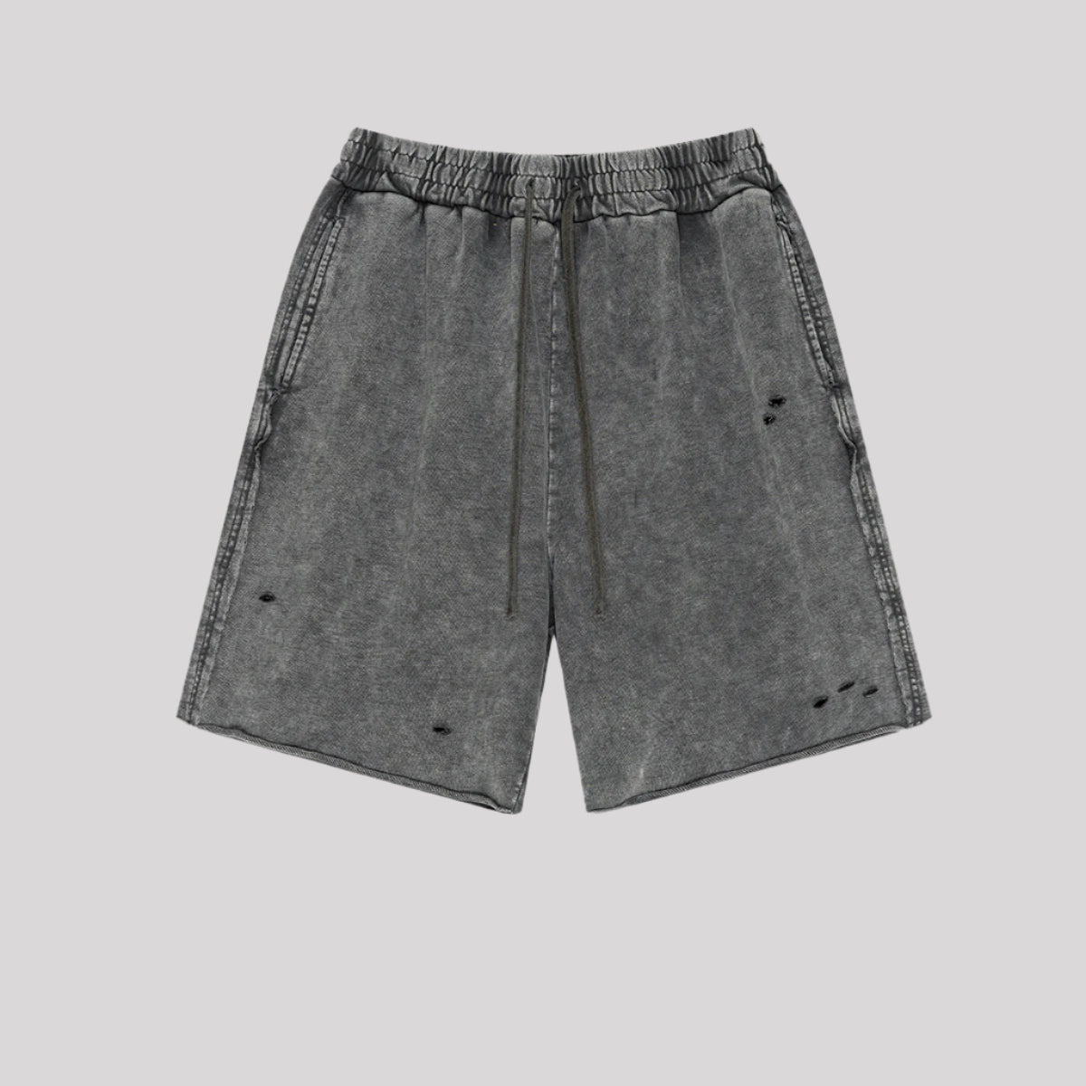 Medium gray distressed sweatshorts with pockets and distressed details