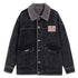 Dark wash denim jacket with gray sherpa collar, utility pockets with TREND label and OP patch. Oversized fit